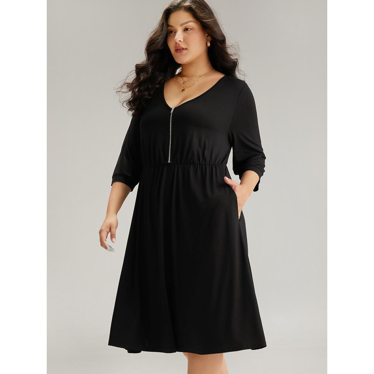 Plus Size Plain Pocket Elastic Waist Zipper Dress Black Women Office Plain V-neck Elbow-length sleeve Curvy Midi Dress BloomChic 22-24/3X Product Image