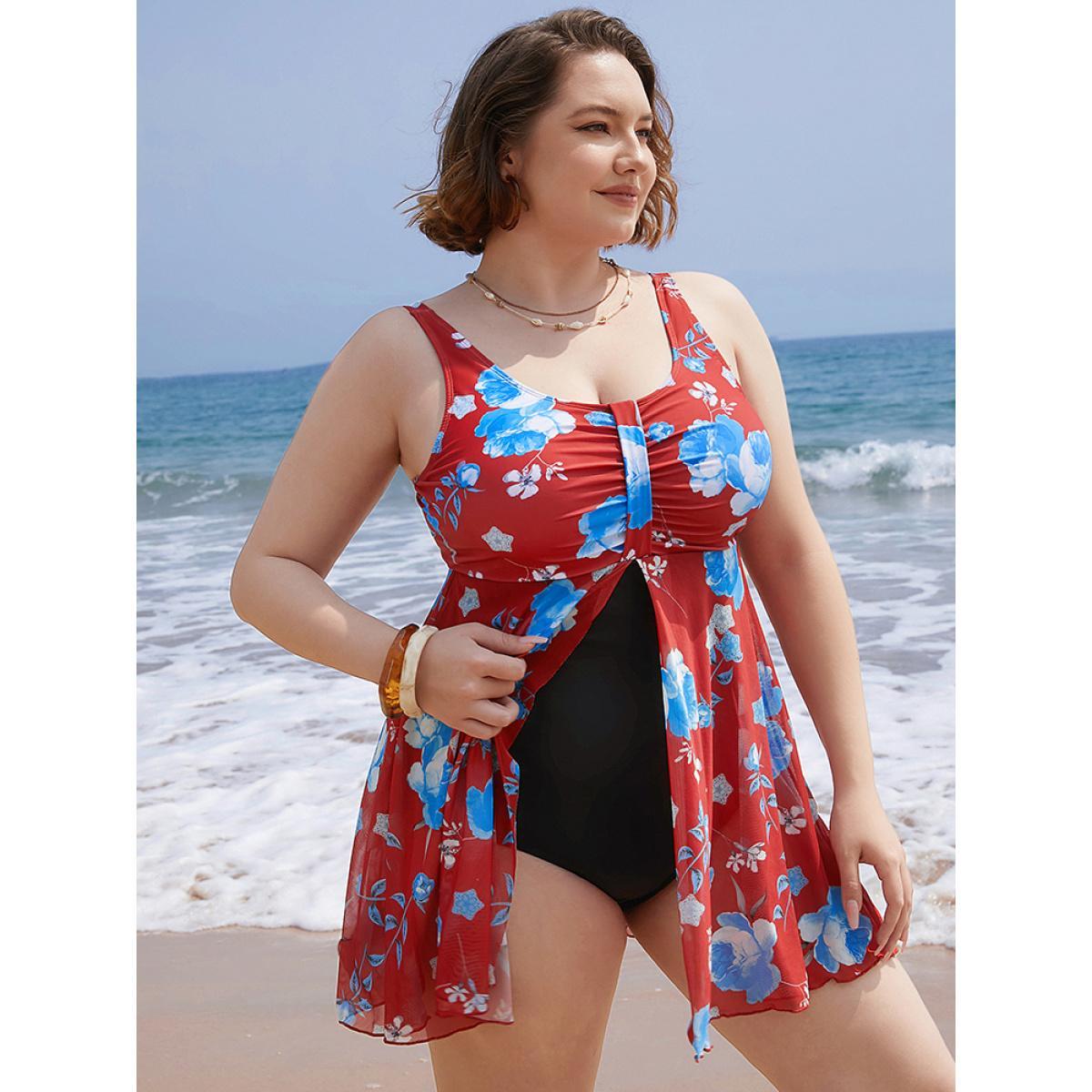 Plus Size Floral Print Split Front Ruched A Line Swim Dress Women's Swimwear Red Vacation Bodycon Round Neck High stretch Curve Swim Dresses BloomChic 22-24/3X Product Image