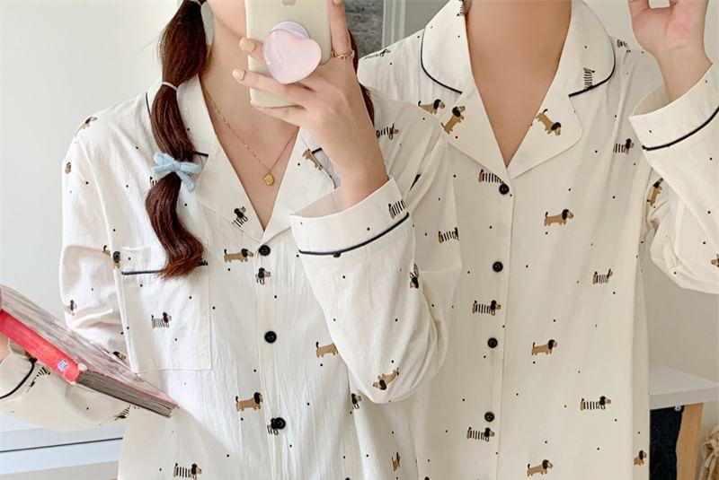 Couple Matching Pajama Set: Long-Sleeve Lapel Collar Dog Print Button-Up Top + Pants (Various Designs) Product Image