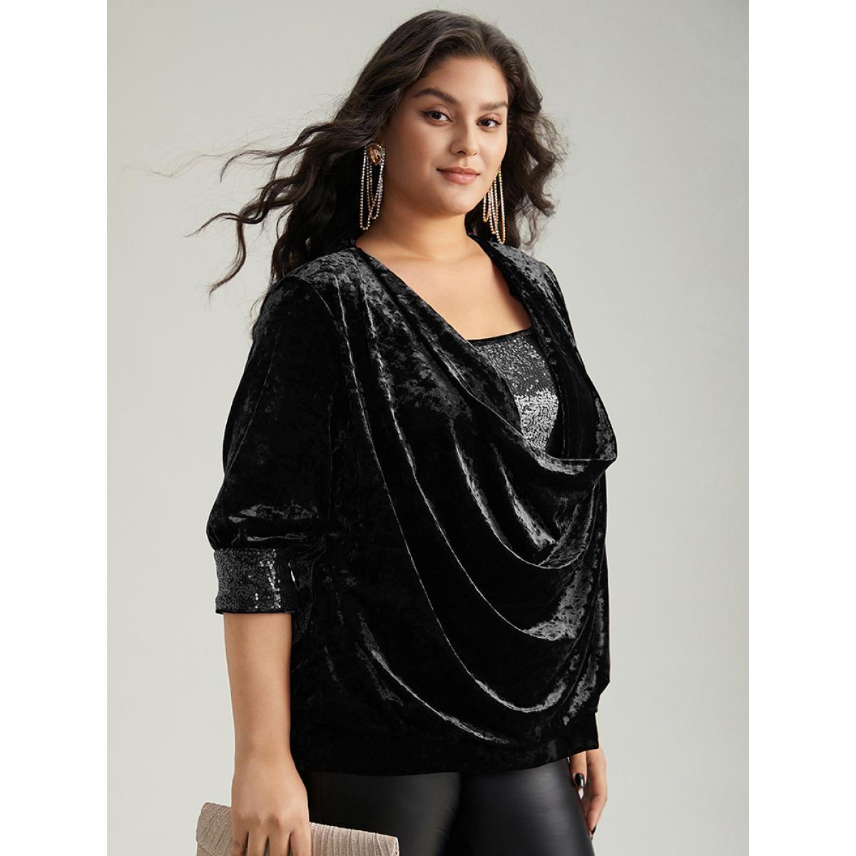 Plus Size Black Cowl Neck 2-In-1 Sequin Patchwork Blouse Women Cocktail Elbow-length sleeve Cowl Neck Party Blouses BloomChic 14-16/1X Product Image
