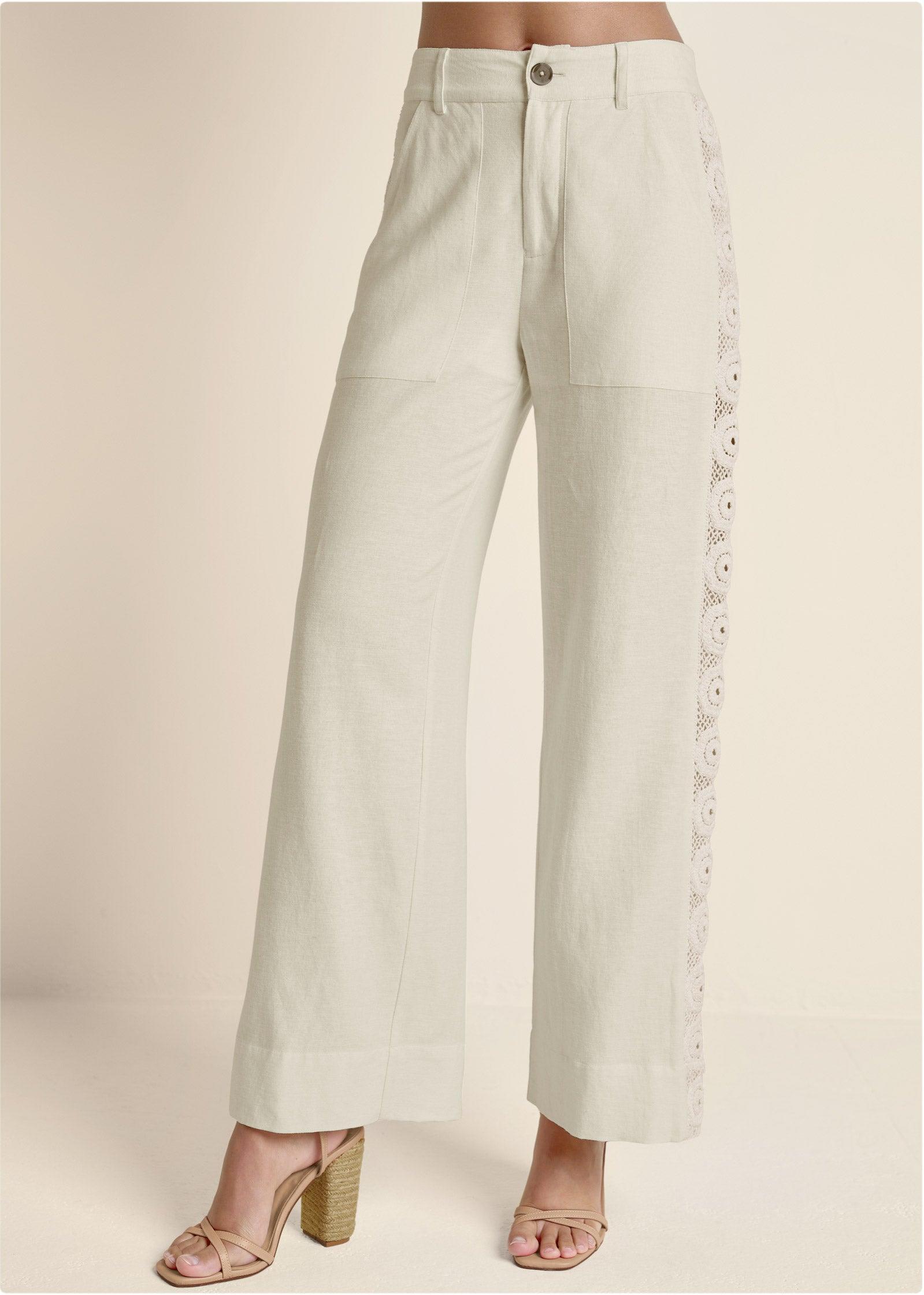 Linen Crochet Side Pants - Bone Product Image