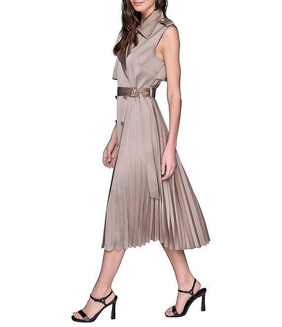KARL LAGERFELD PARIS Satin Back Crepe Notch Collar Belted Pleated Shirt Midi Dress Product Image