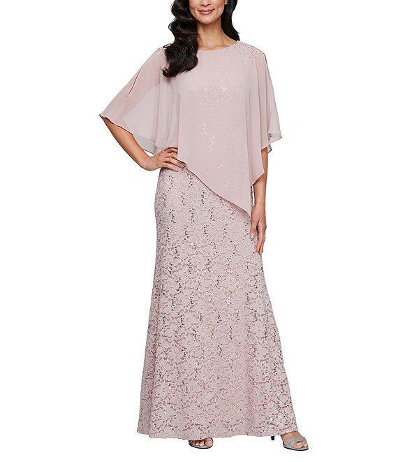 Ignite Evenings Short Sleeve Boat Neck Beaded Sequin Floral Lace Capelet Gown Product Image