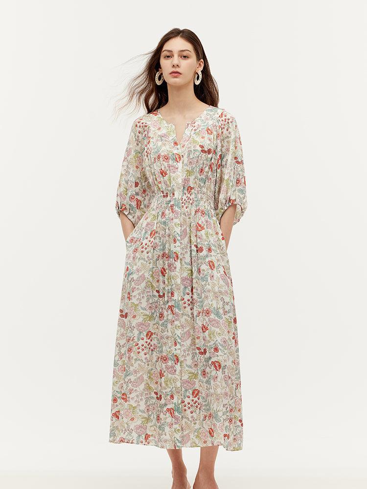 19 Momme Mulberry Silk Floral Print Ruched Waist Women Maxi Dress Product Image