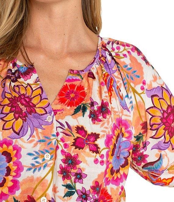 Liverpool Los Angeles Woven Floral Split V-Neck Short Sleeve Button-Front Blouse Product Image