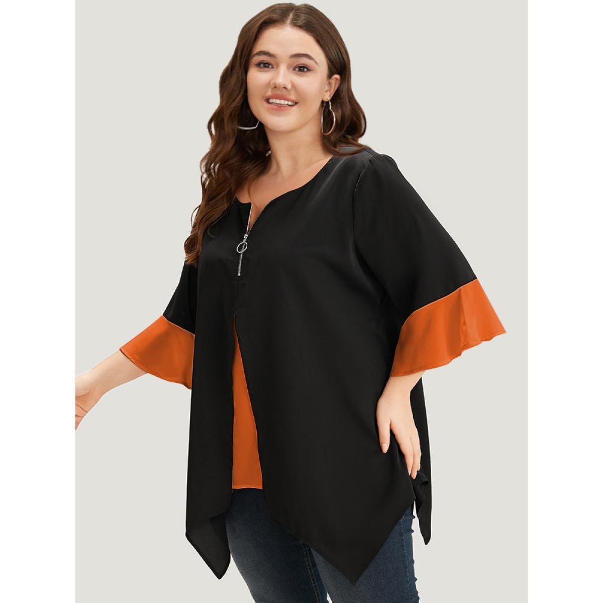 Plus Size Chocolate Anti-Wrinkle Contrast Zip Up Flutter Sleeve Hanky Hem Blouse Women Office Half Sleeve Round Neck Work Blouses BloomChic 14-16/1X Product Image
