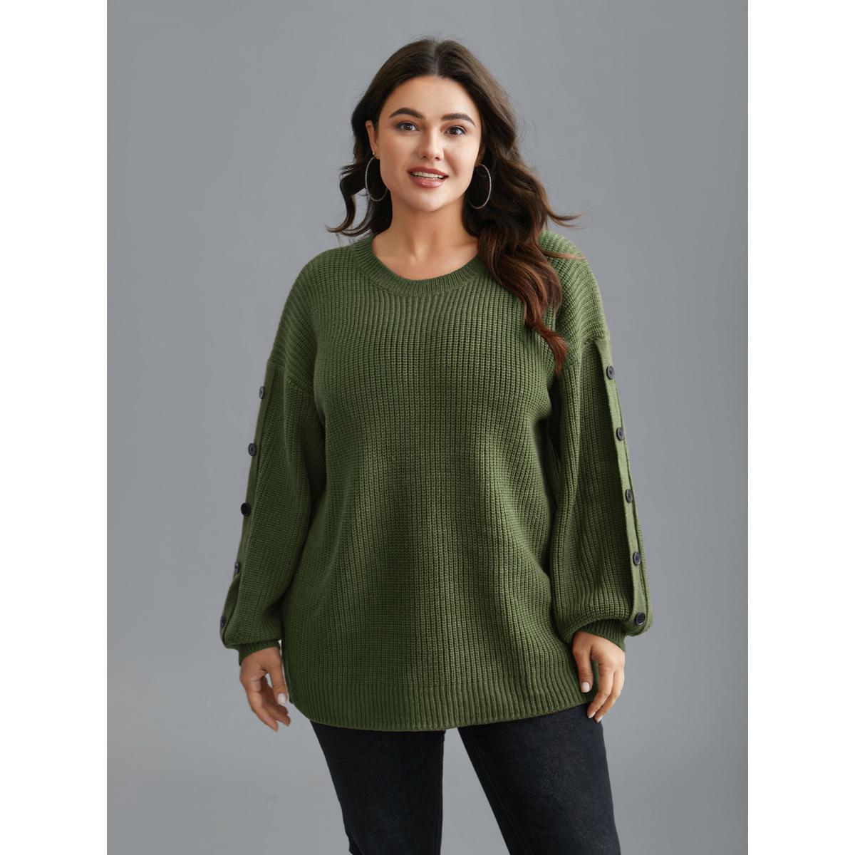 Plus Size Textured Drop Shoulder Button Detailing Pullover ArmyGreen Women Casual Loose Long Sleeve Round Neck Everyday Pullovers BloomChic 26/4X Product Image