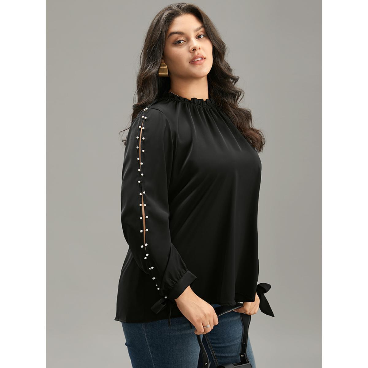 Plus Size Black Anti-Wrinkle Pearl Beaded Ties Cut Out Blouse Women Office Long Sleeve Halter neck Work Blouses BloomChic 22-24/3X Product Image