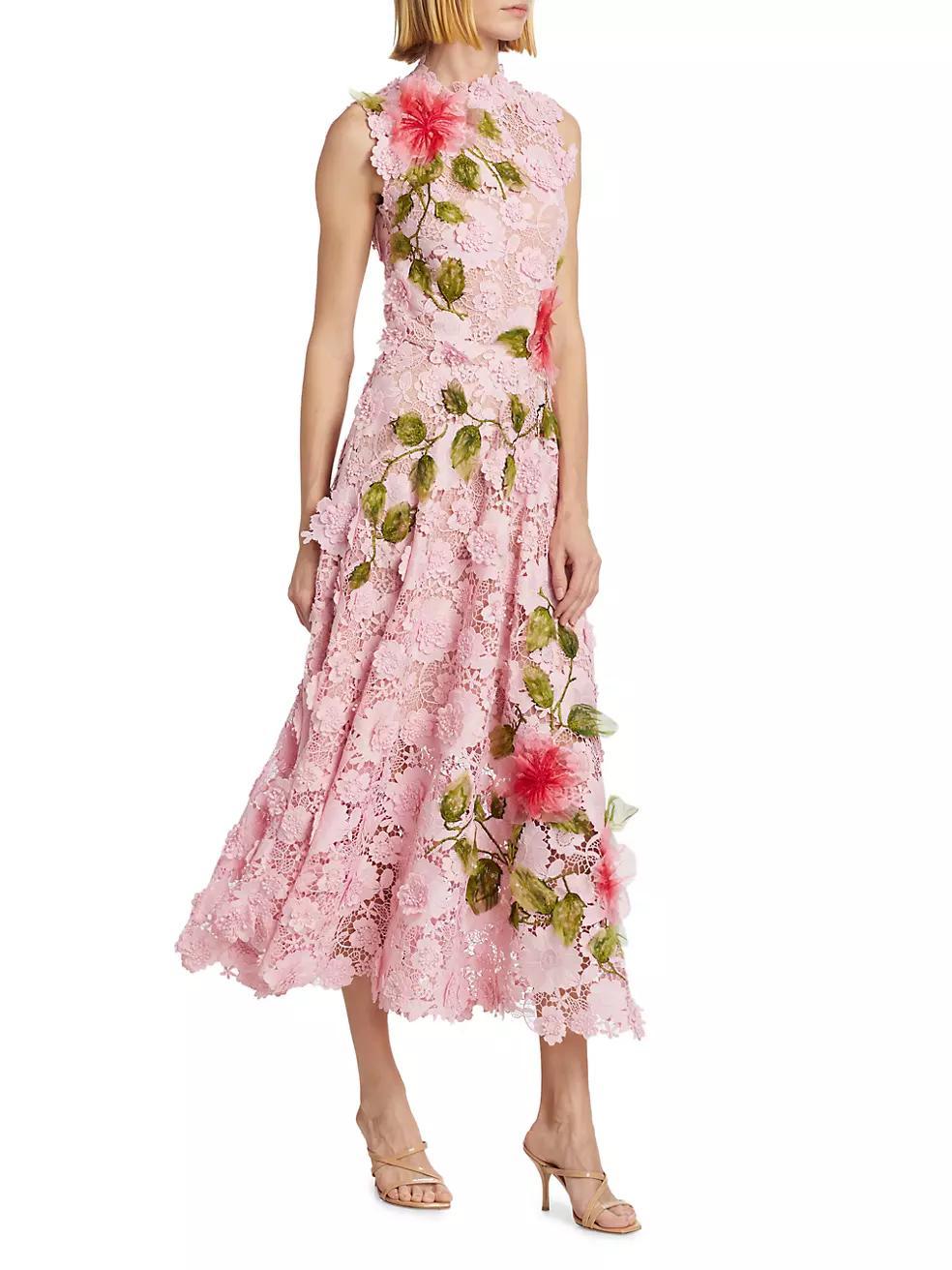 Hibiscus Floral Embroidered Guipure A-Line Midi-Dress Product Image
