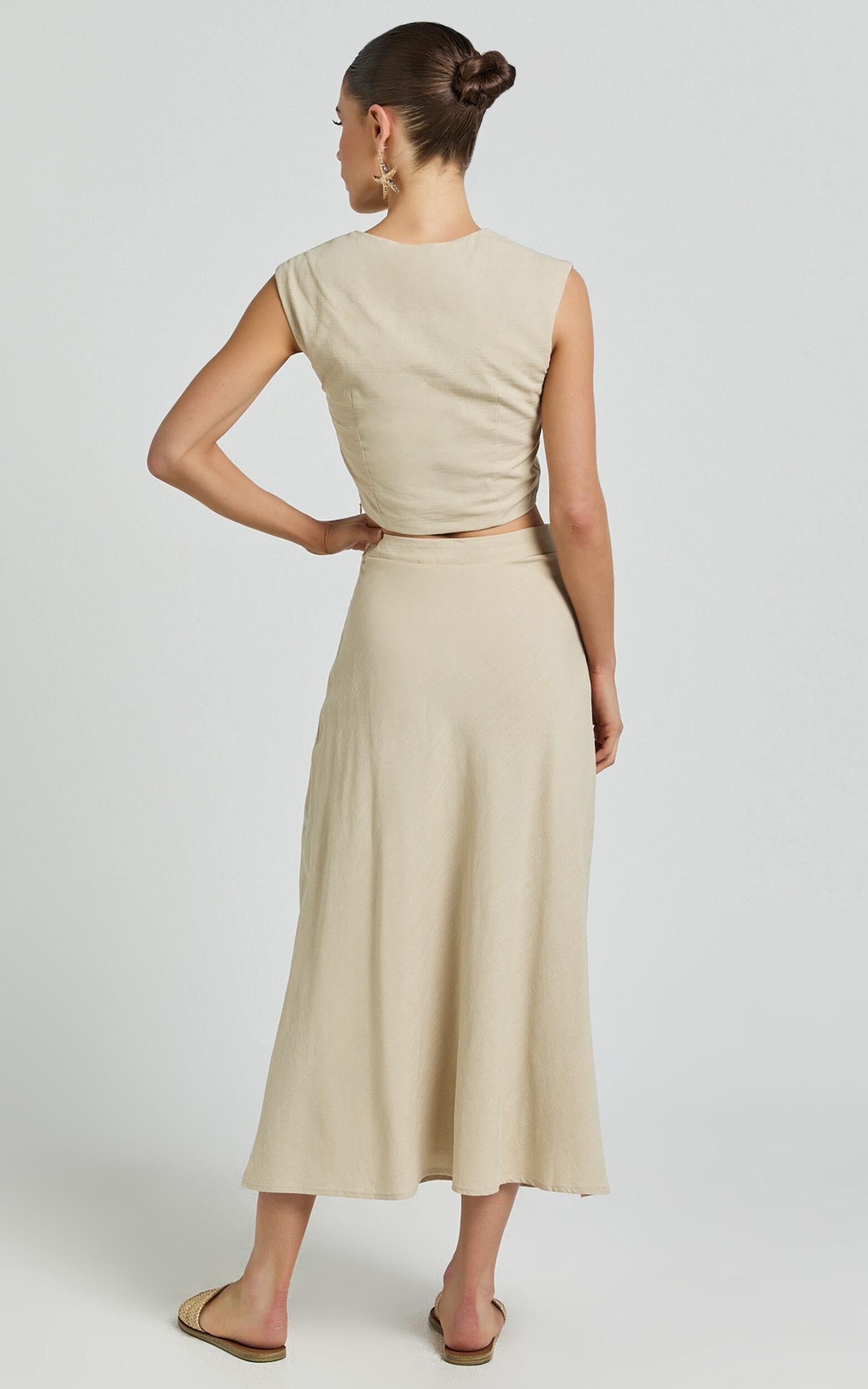 Devan Two Piece Set - Ruched Crop Top and A Line Midi Skirt Set in Sand Product Image