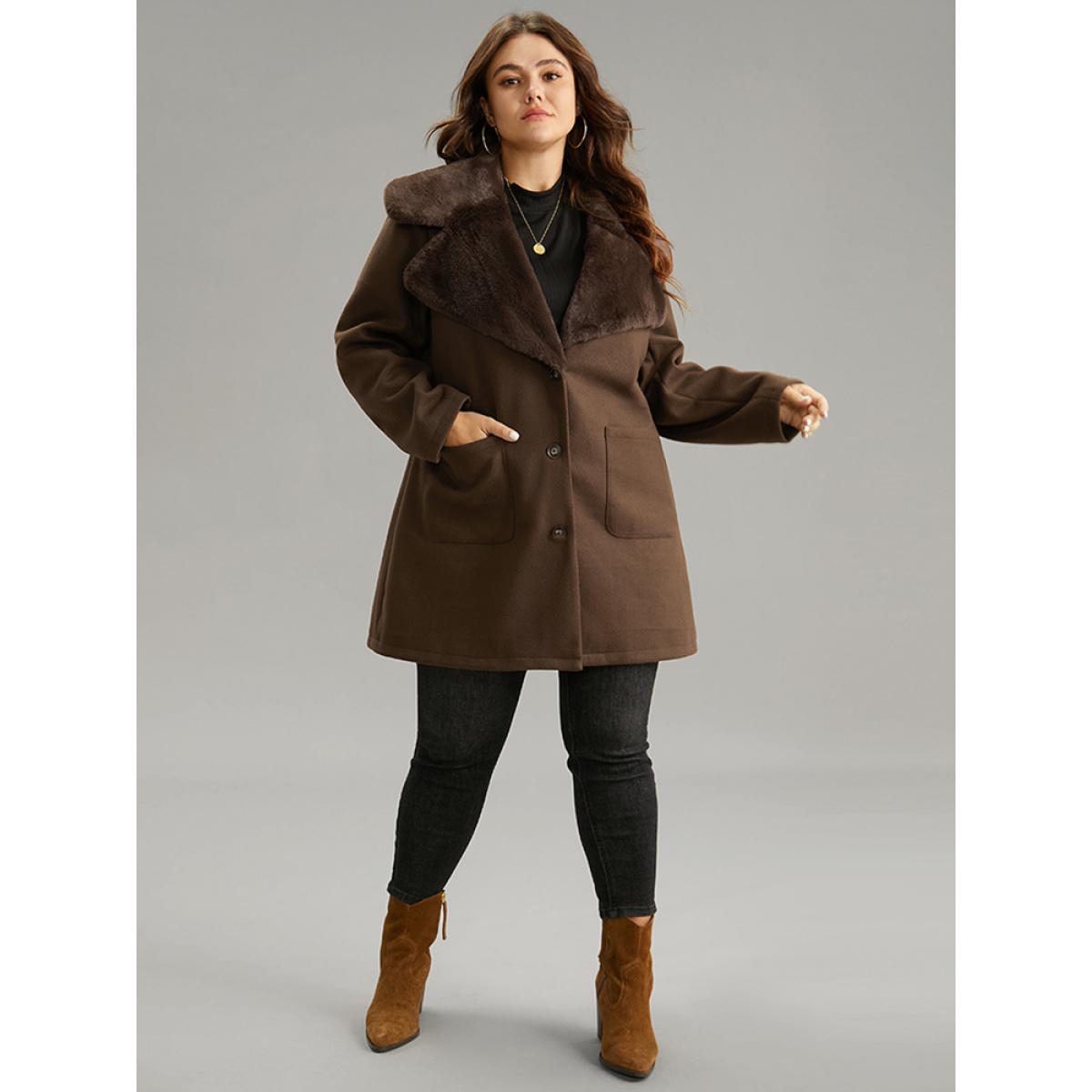 Plus Size Plain Lapel Collar Fuzzy Trim Patchwork Button Up Coat Women DarkBrown Casual Lined Ladies Dailywear Winter Coats BloomChic 26/4X Product Image