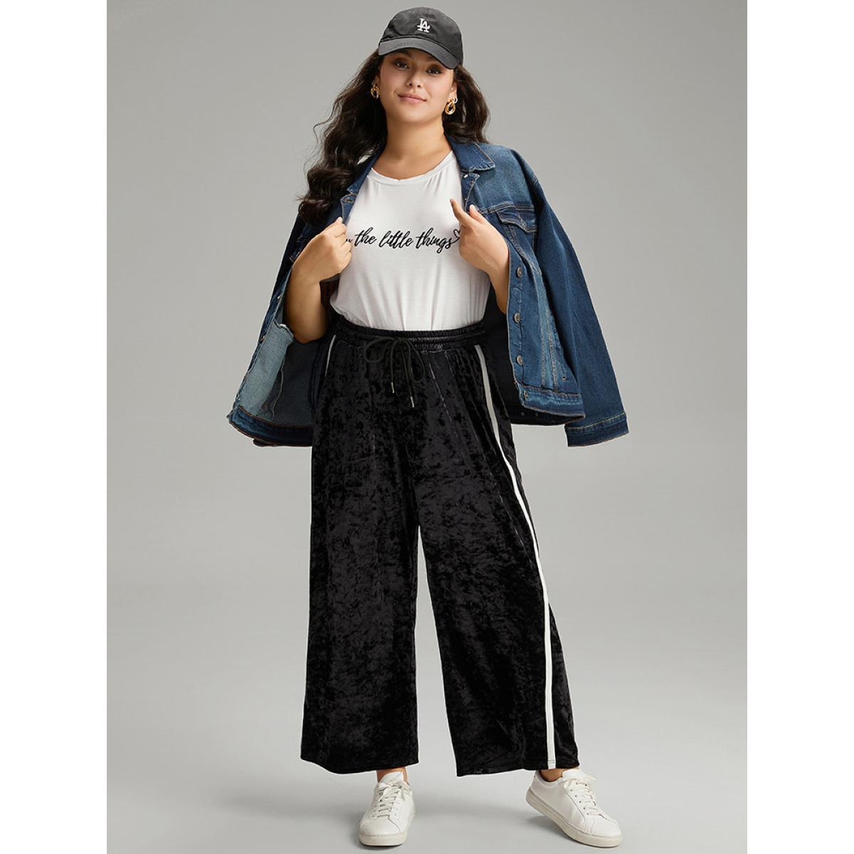Velvet Contrast Webbing Elastic Waist Sweatpants Midnight Plus Size Women Casual Dailywear Contrast 26/4X Bloomchic Product Image