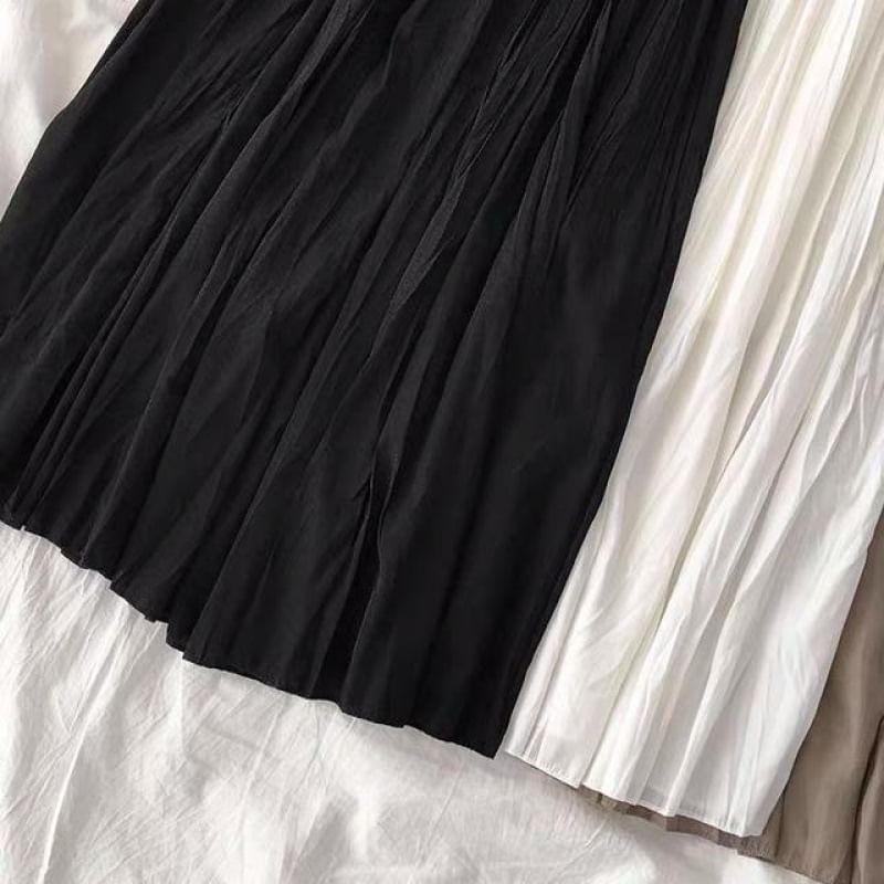 High Waist Plain Crinkle Midi A-Line Skirt Product Image