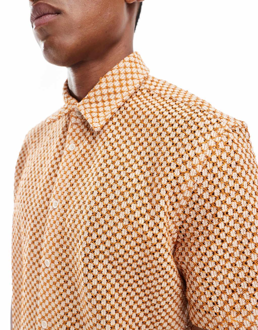Bershka textured button through shirt in orange Product Image