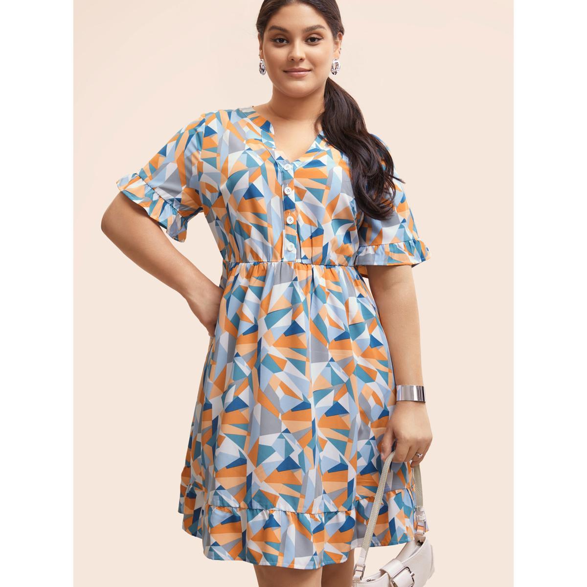 Plus Size Colorblock Contrast Notched Ruffle Sleeve Dress Multicolor Women Workwear Essentials Frill Trim Notched collar Half Sleeve Curvy BloomChic 30/6X Product Image