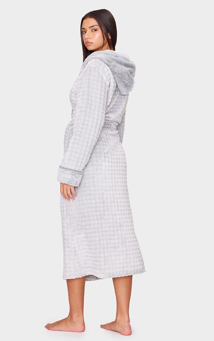 Grey Stripe Faux Fur Trim Hooded Bath Robe Product Image