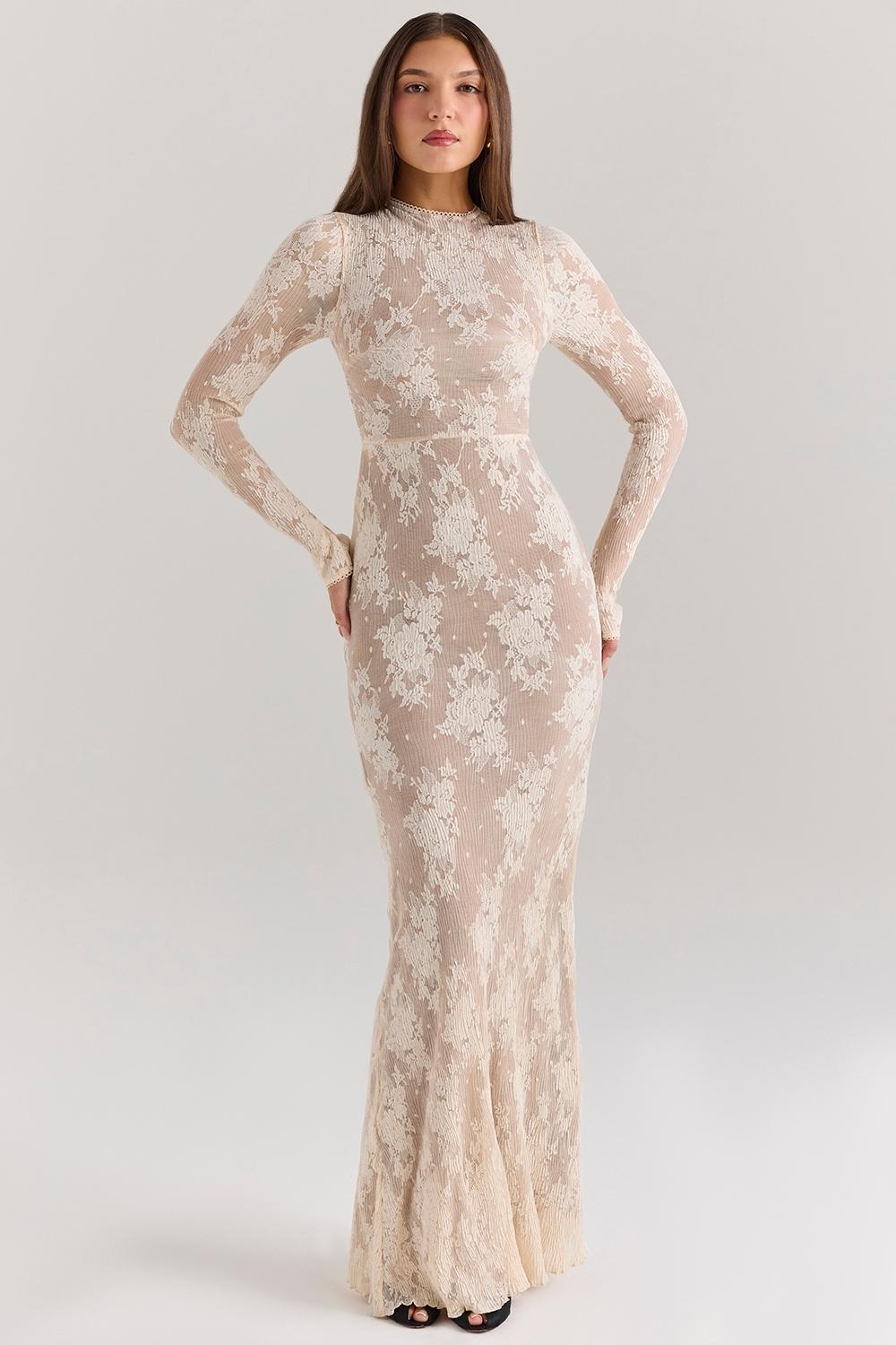 Isoline Peach Lace Maxi Dress Product Image