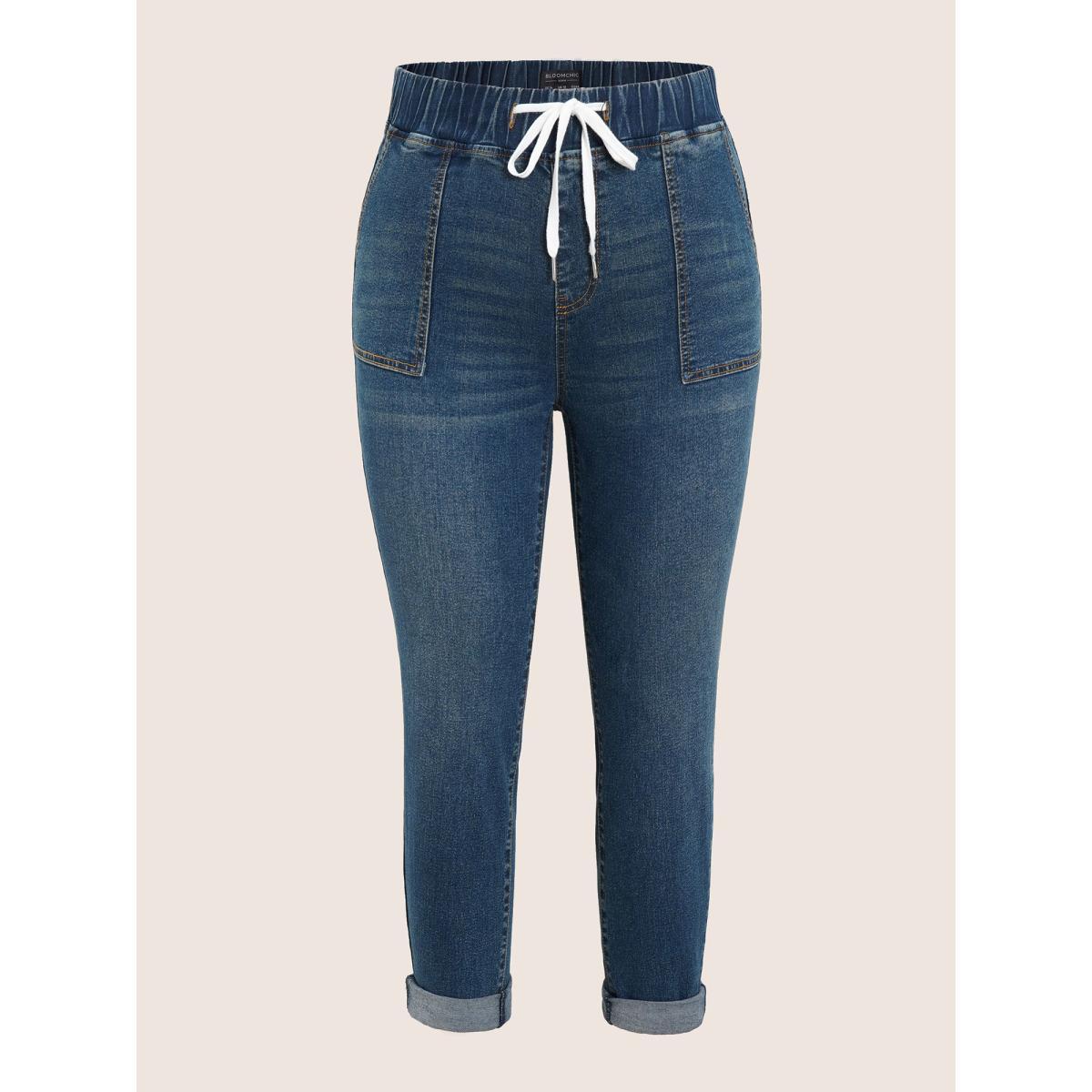 Plus Size Drawstring Elastic Waist Roll Hem Jeans Women DarkBlue Casual Plain Drawstring High stretch Slanted pocket Jeans BloomChic 12/L Product Image