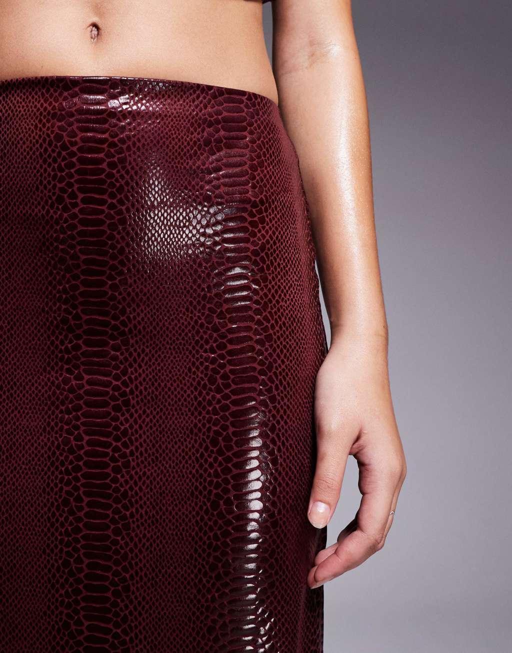 ASOS DESIGN croc leather look column skirt in burgundy - part of a set Product Image