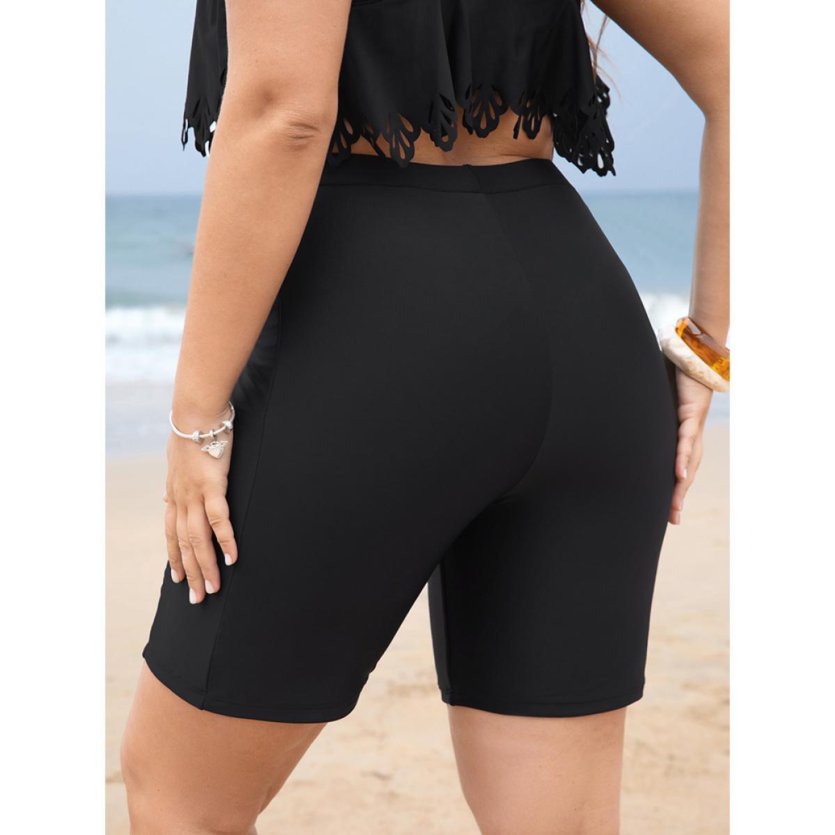 Plus Size High Waist Pocket Side Swim Shorts Women's Swimwear Black Beach Plain High stretch Skinny High Rise Curve Swim Bottoms BloomChic 12/L Product Image