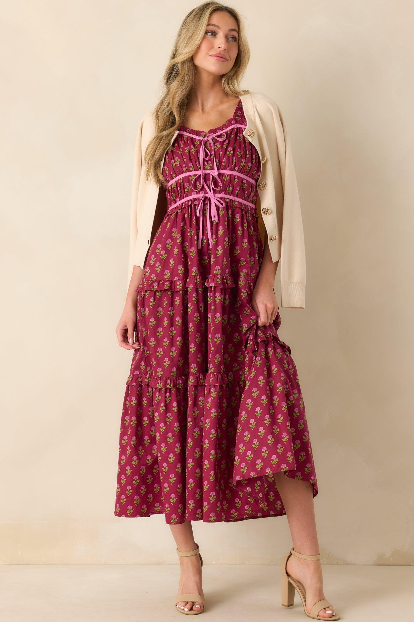 Endless Compliments Burgundy Floral Print Cotton Maxi Dress Product Image