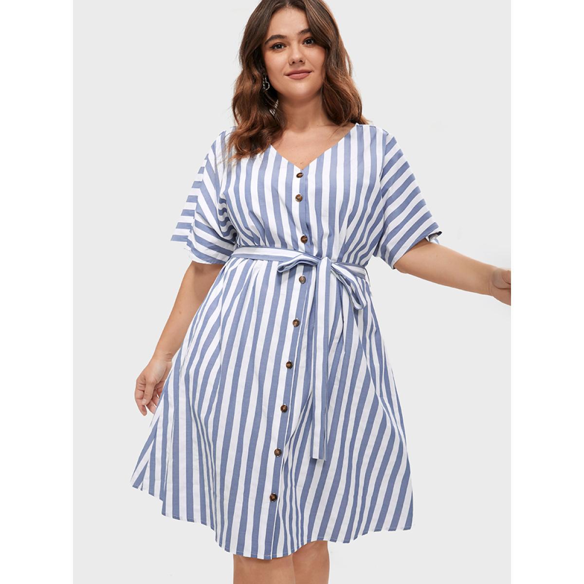 Plus Size Striped V Neck Button Belted Knee Dress Blue Women Office Gathered V-neck Short sleeve Curvy BloomChic 14-16/1X Product Image