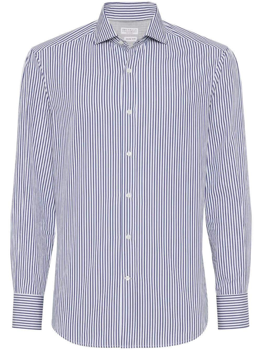 BRUNELLO CUCINELLI Poplin Striped Slim-fit Shirt In Blue Product Image
