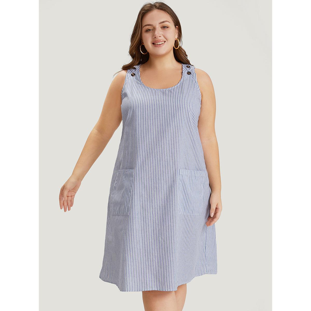 Plus Size Striped Patched Pocket Adjustable Button Dress LightBlue Women Casual Adjustable Straps Round Neck Sleeveless Curvy Knee Dress BloomChic 28/5X Product Image