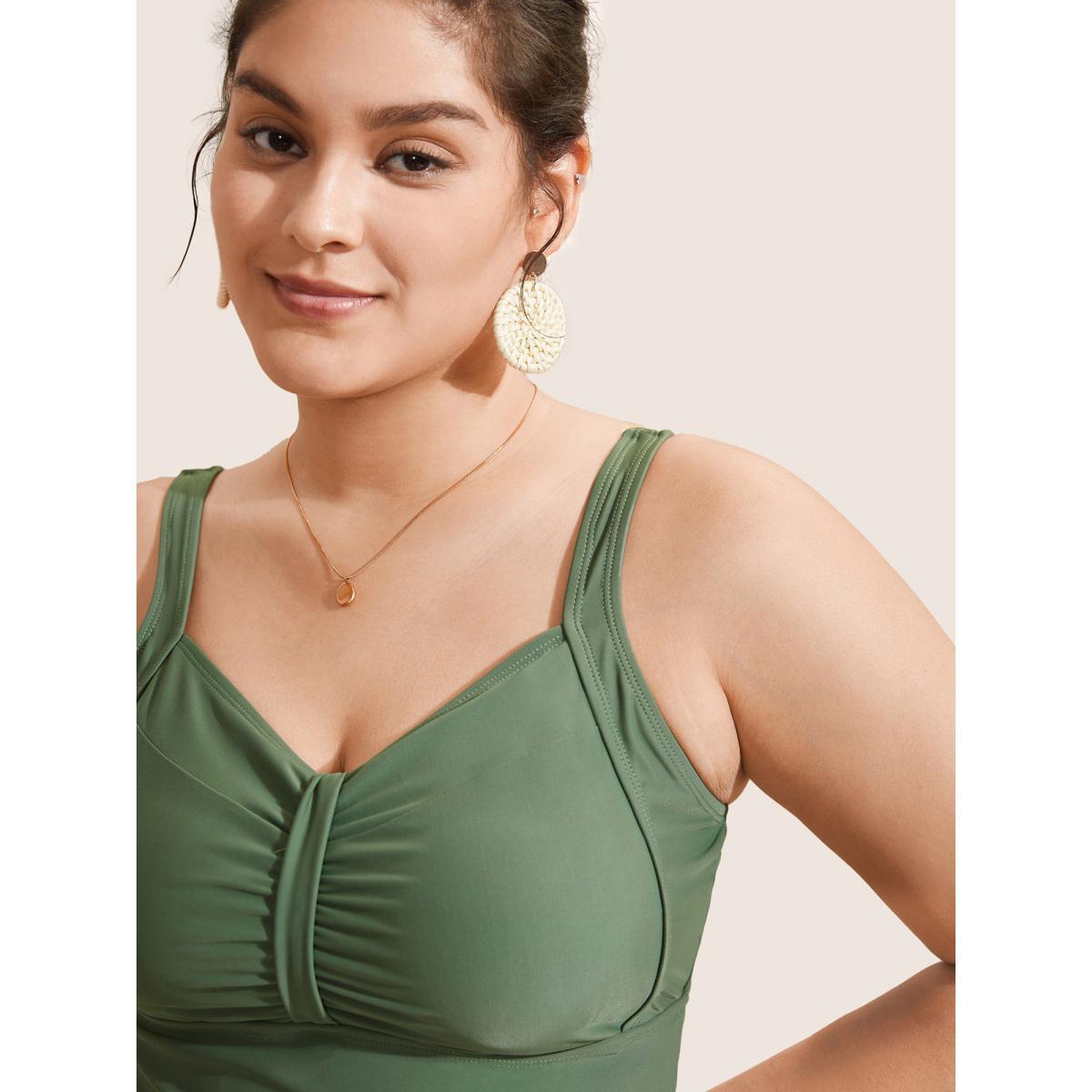 Plus Size Plain Patchwork Ruched Adjustable Straps Swim Top Women's Swimwear ArmyGreen Beach Non High stretch Skinny Heart neckline Curve Swim Tops BloomChic 10/M Product Image