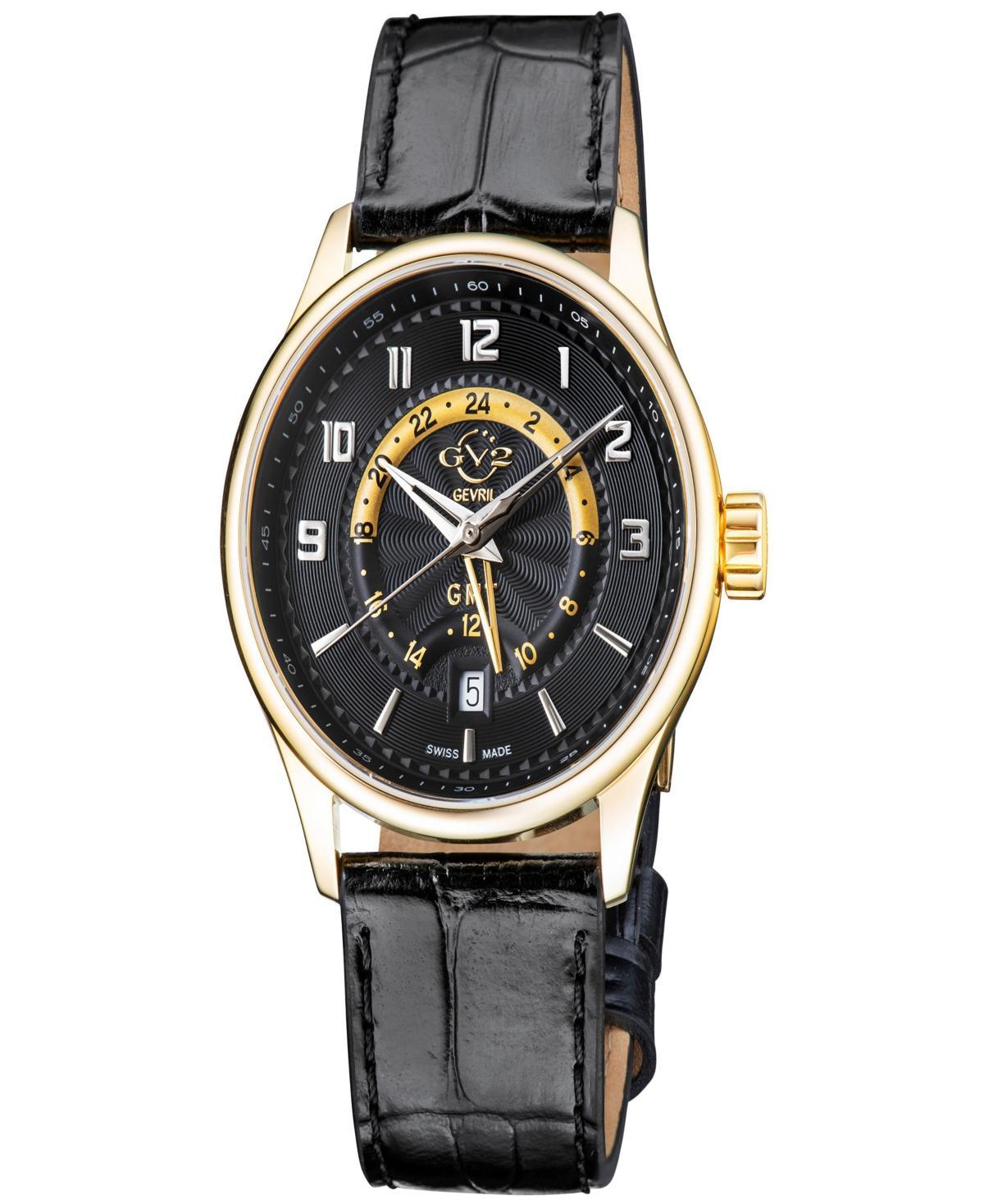 Gevril Mens Giromondo Swiss Quartz Black Genuine Leather Strap Watch 42mm Product Image