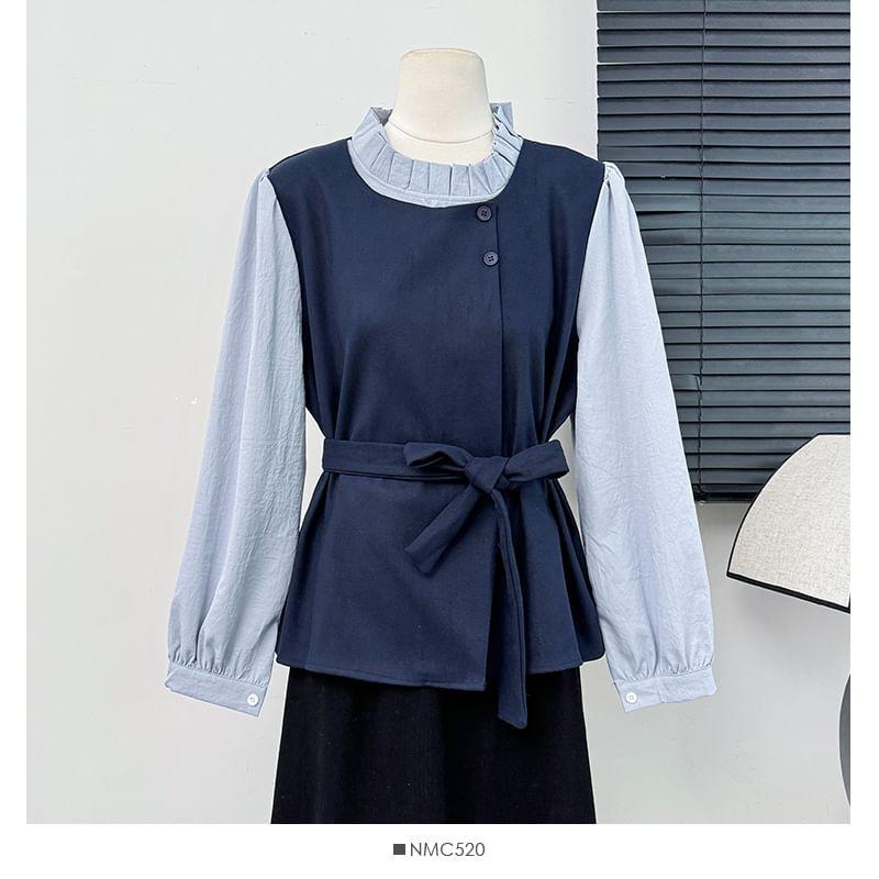 Colorblock Mock Two-Piece Loose Blouse with Sash Product Image