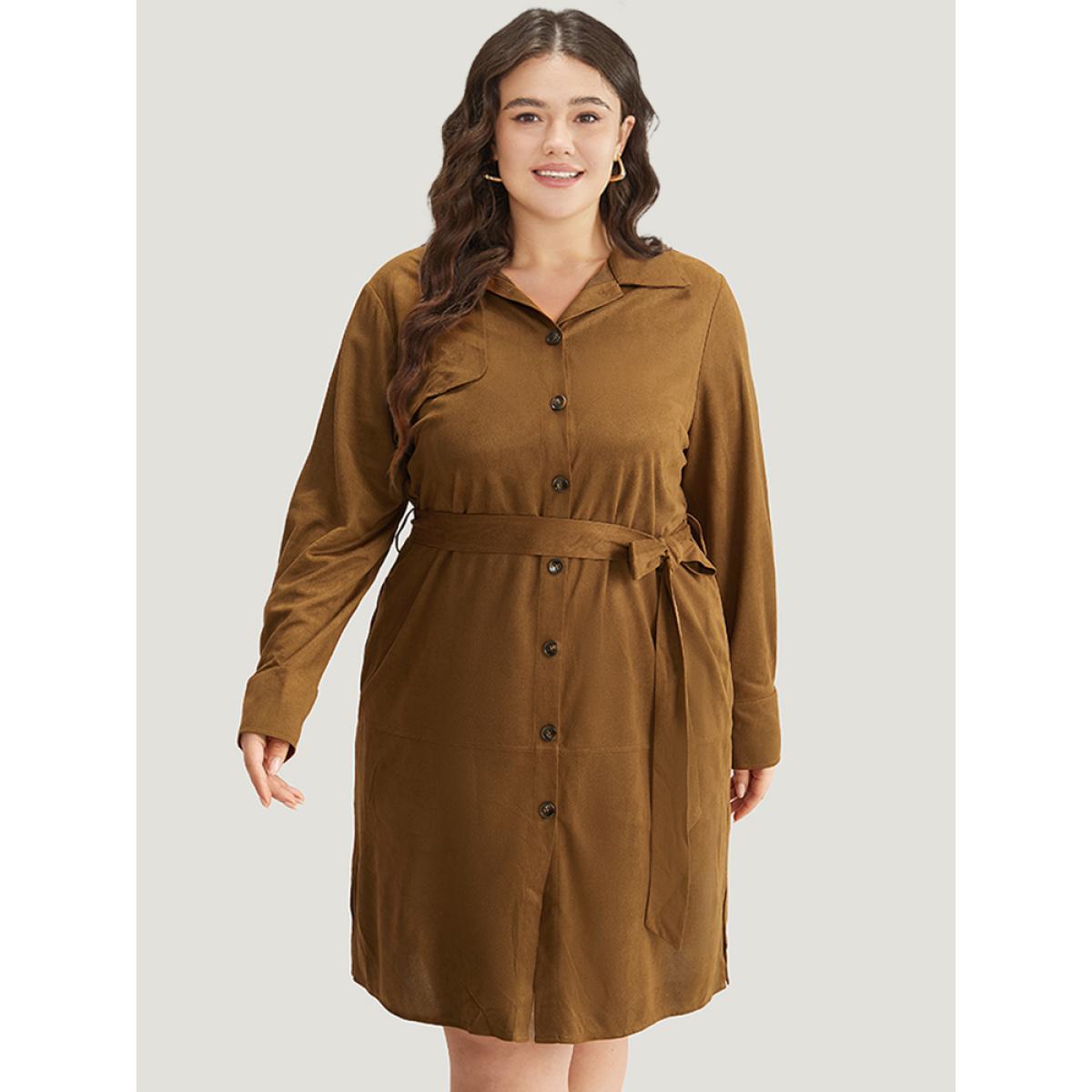 Plus Size Plain Split Hem Button Through Belted Dress Bronze Women Office Plain Shirt collar Long Sleeve Curvy Knee Dress BloomChic 18-20/2X Product Image