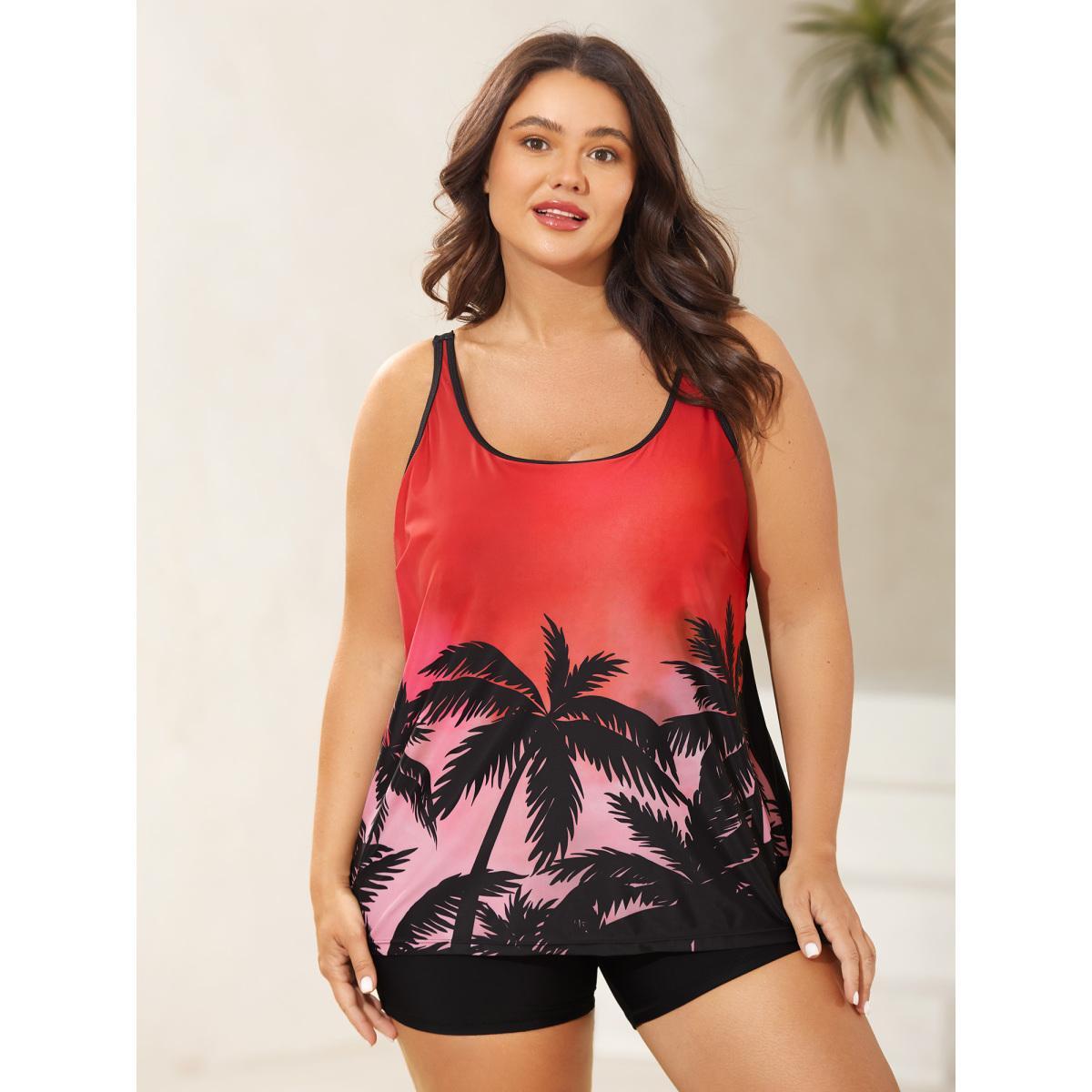 Plus Size Tropical Color Contrast Swim Top Women's Swimwear Black Beach Contrast High stretch Bodycon Non Curve Swim Tops BloomChic 26/4X Product Image
