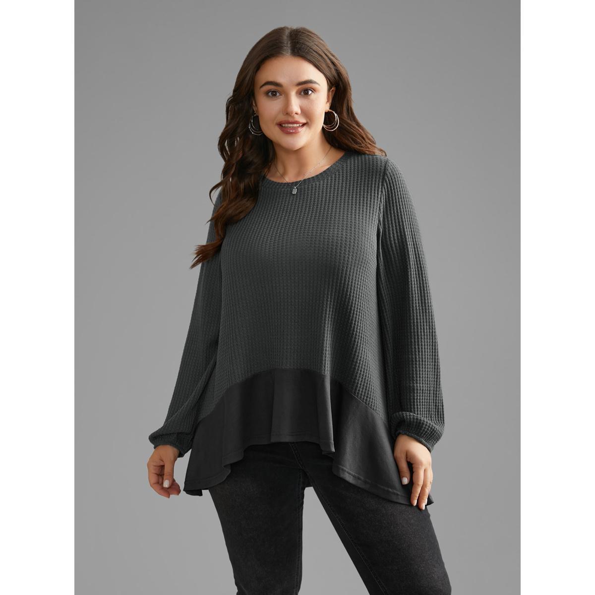 Plus Size Waffle Knit Patchwork High Low Hem T-shirt DimGray Women Casual Texture Round Neck Loose Everyday T-shirts BloomChic 18-20/2X Product Image