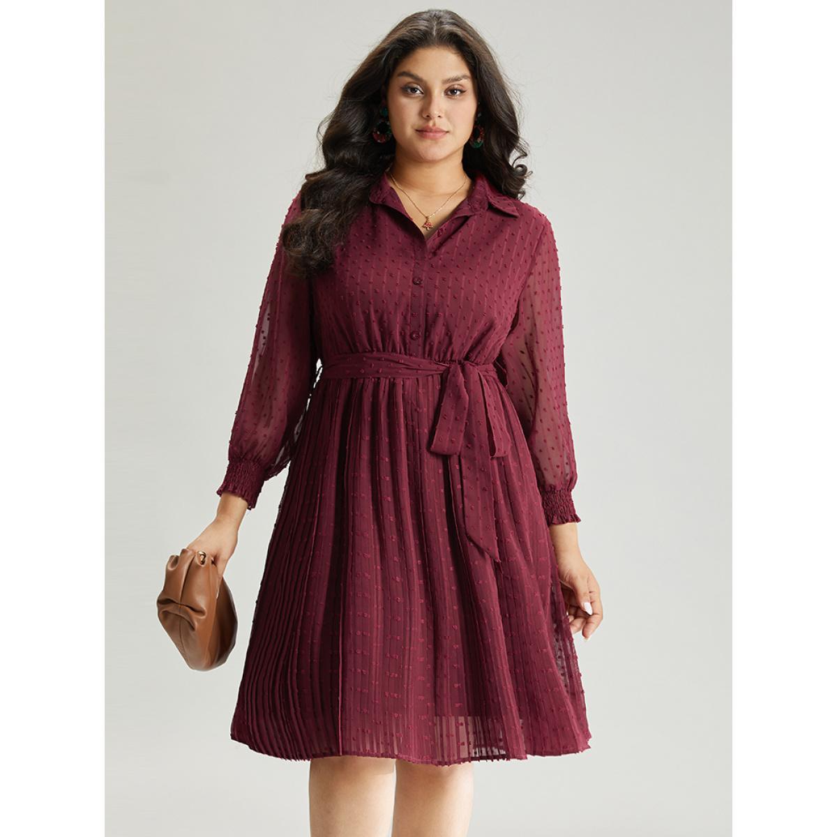 Plus Size Plain Textured Shirt Collar Gathered Belted Dress Scarlet Women Office Elastic cuffs Shirt collar Long Sleeve Curvy Midi Dress BloomChic 14-16/1X Product Image