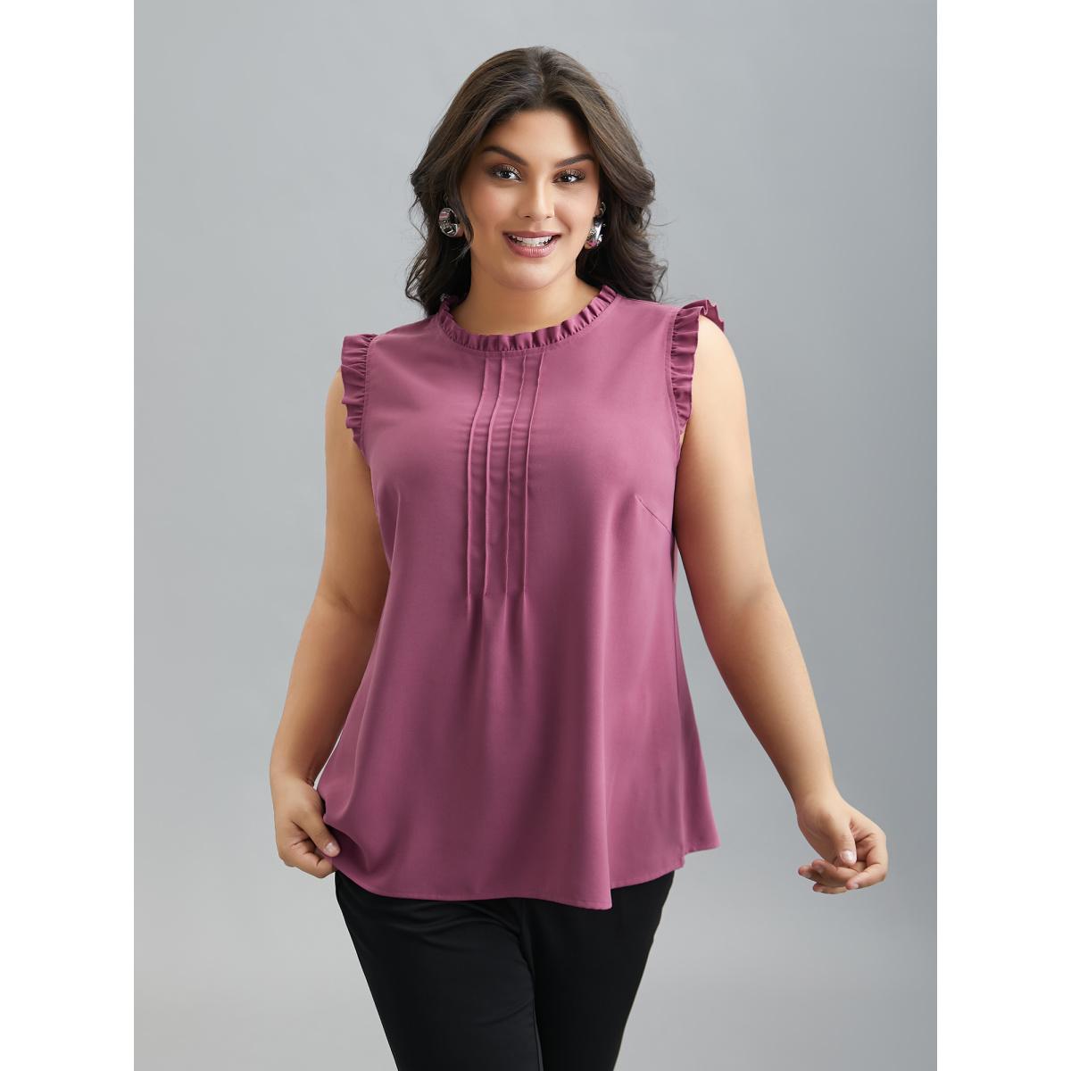 Plus Size Ruffled Spliced Tucked Seam Vest Women DustyPink At the Office Tucked seam Round Neck Work Tank Tops Camis BloomChic 18-20/2X Product Image