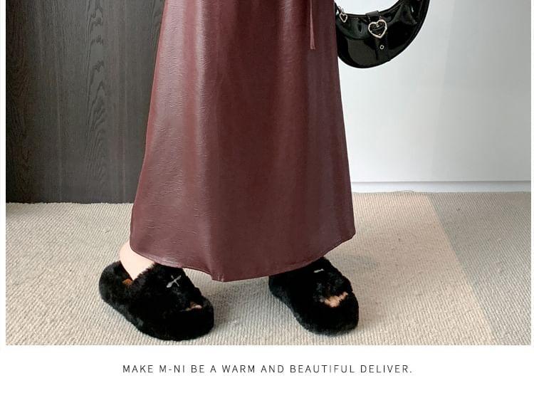 Drawstring Waist Plain Faux Leather Midi A-Line Skirt Product Image