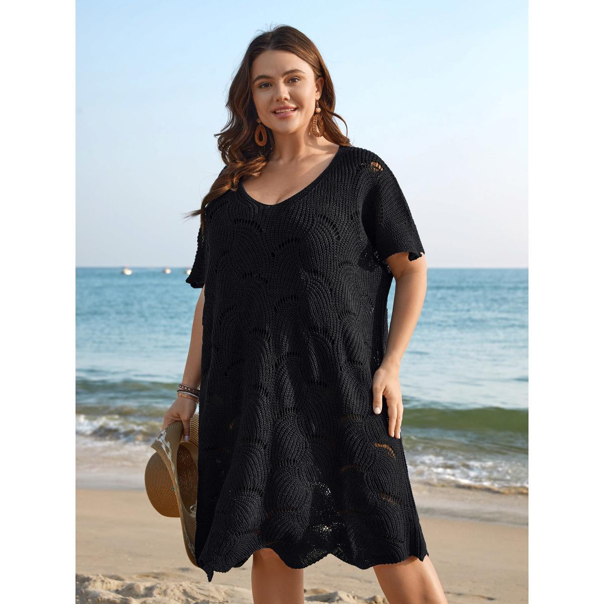 Plus Size Cut-Out Solid V-Neck Swimsuit Coverup Women's Swimwear Black Beach Loose Texture Curve Swim Cover Ups BloomChic 26/4X Product Image