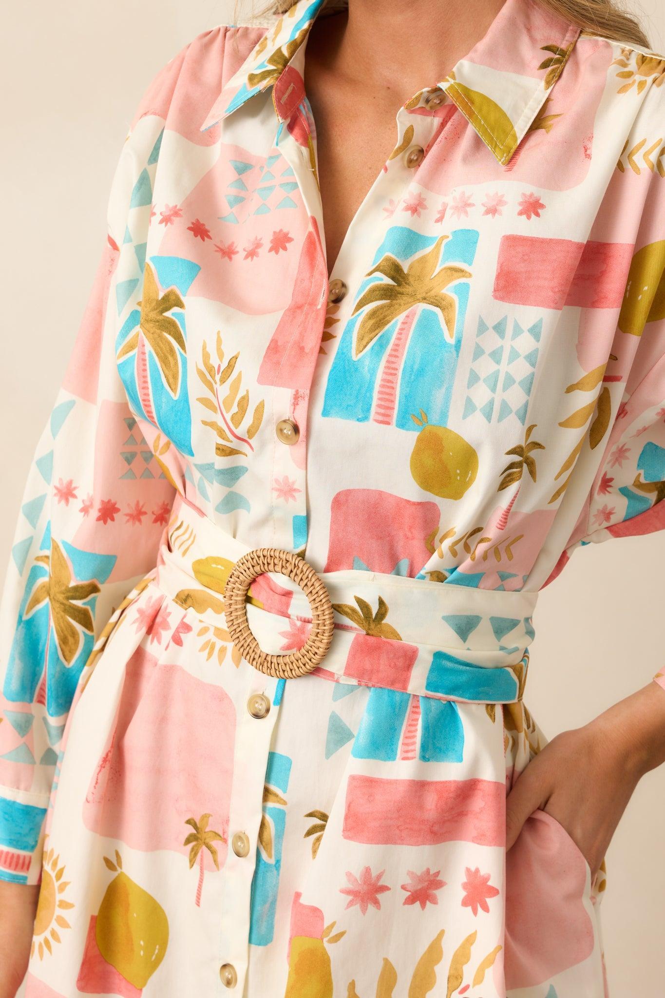 Palms & Paradise Pink Multi Tropical Print Button Front Maxi Dress Product Image