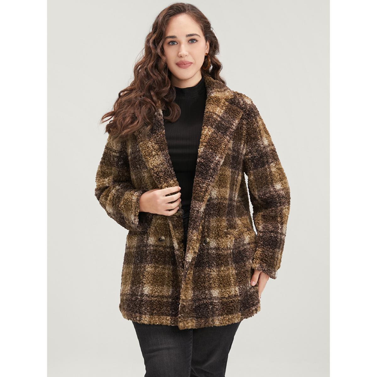 Plus Size Plaid Pocket Double Breasted Teddy Coat Women Tan Casual Pocket Ladies Dailywear Winter Coats BloomChic 22-24/3X Product Image