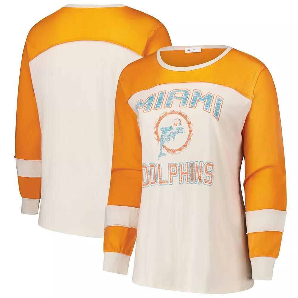 Women's Profile Cream/Orange Miami Dolphins Double Header Curve Toni Long Sleeve T-Shirt, Size: 2XL, Beige Product Image