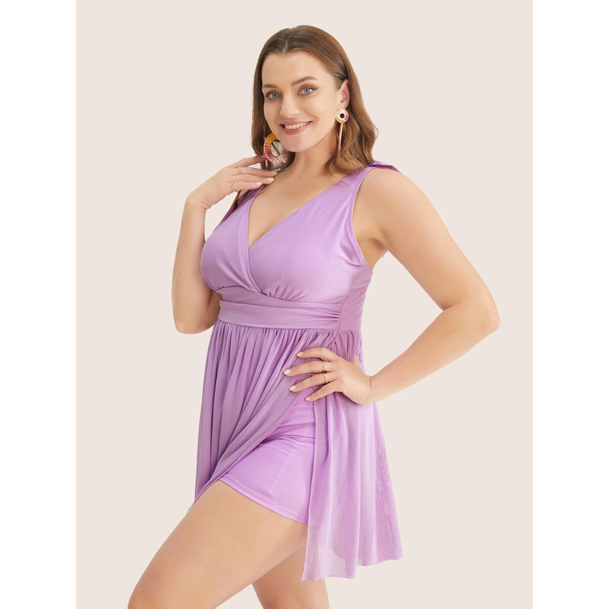 Plus Size Sculpt Waist Ruched Split Hem Swim Dress Women's Swimwear Lilac Beach Bodycon V-neck High stretch Curve Swim Dresses BloomChic 28/5X Product Image