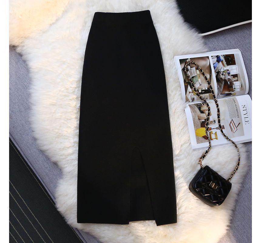 High Rise Slit Knit Midi Pencil Skirt Product Image