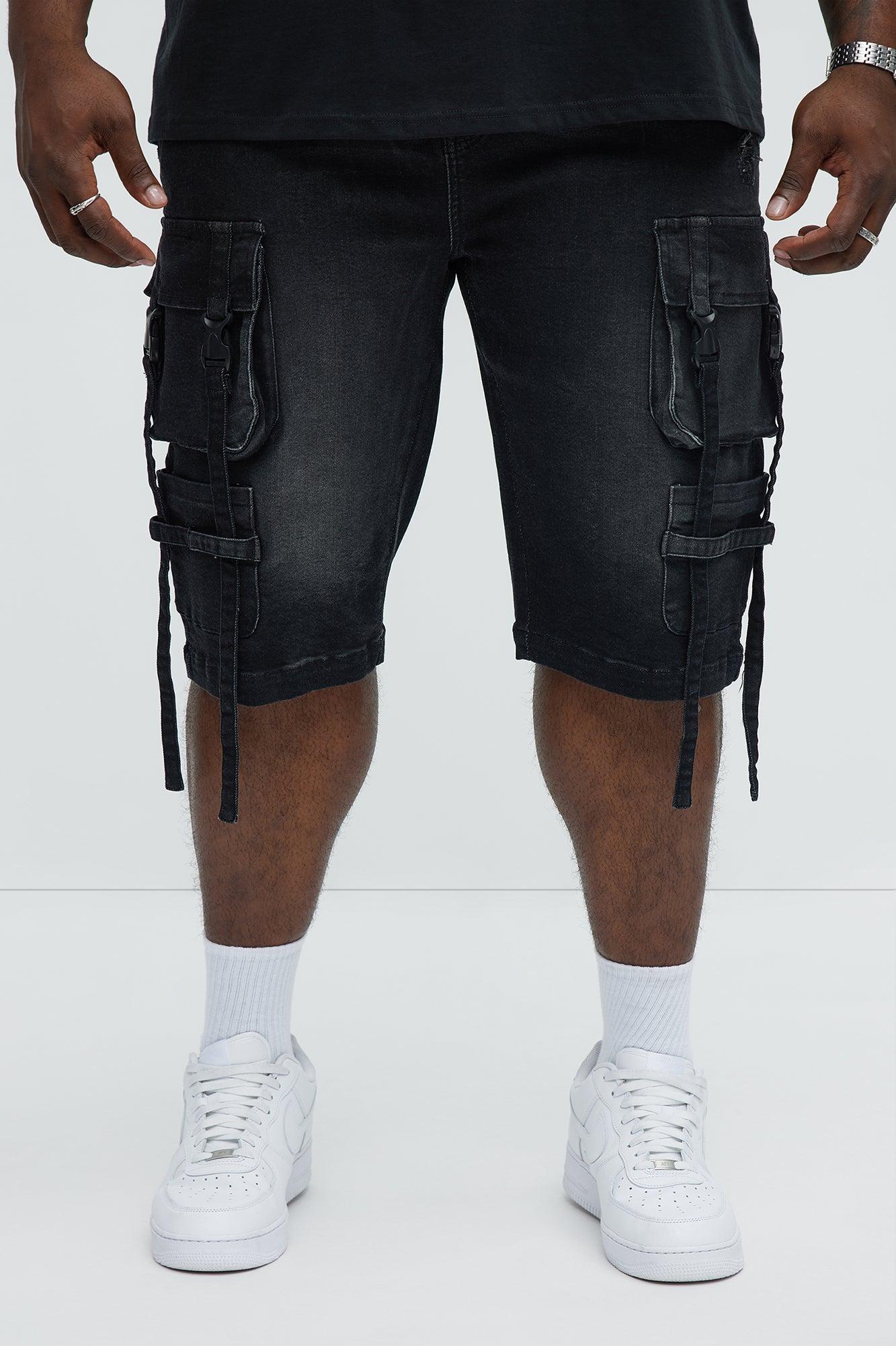 Buckle Down Strapped Relaxed Denim Shorts - Black Product Image