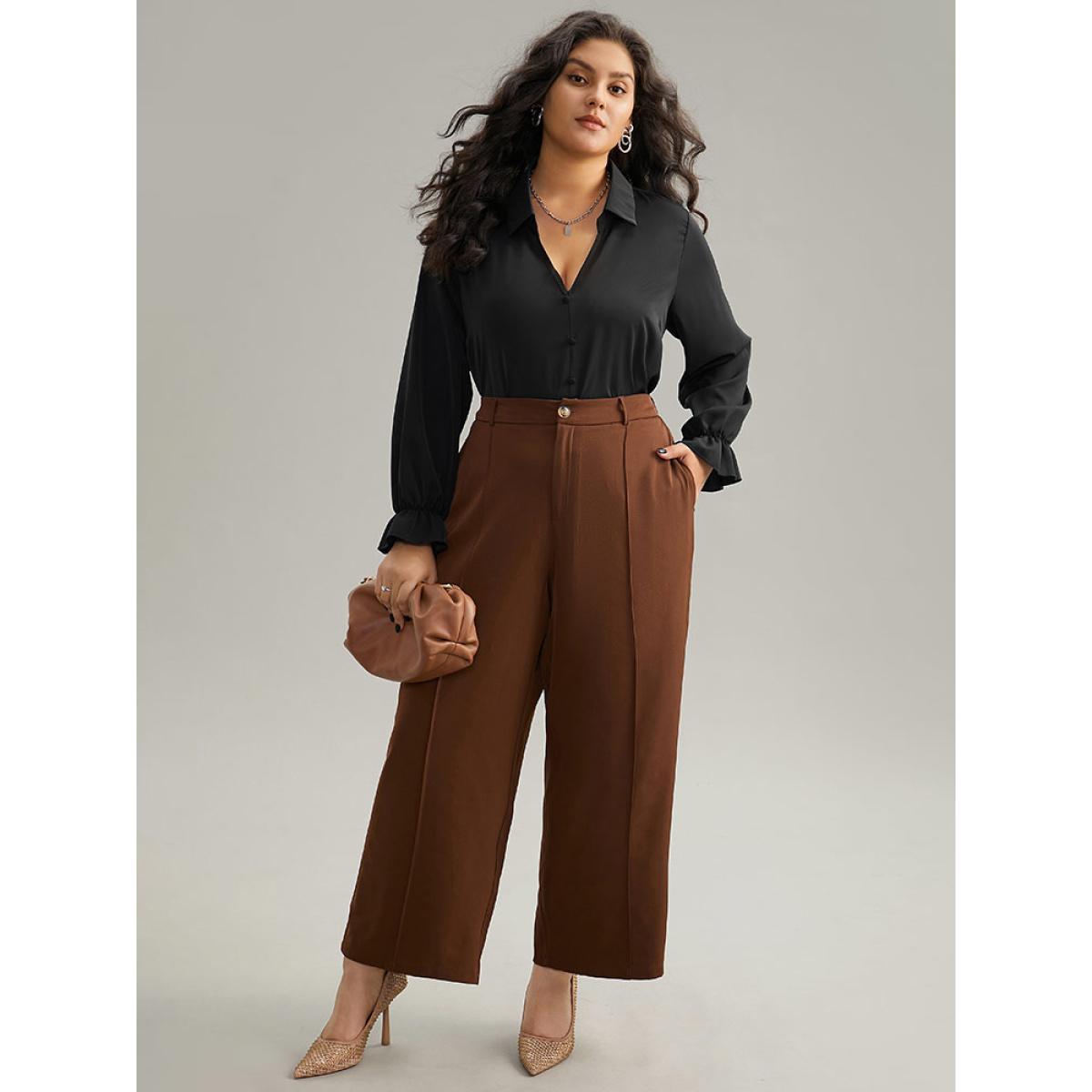 Plus Size Black Static-Free Solid Button Detail Frill Trim Blouse Women Office Long Sleeve Shirt collar Work Blouses BloomChic 22-24/3X Product Image
