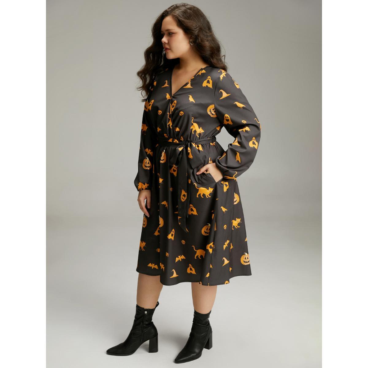 Plus Size Halloween Pumpkin & Bat Print Wrap Lantern Sleeve Dress Black Women Office Elastic cuffs Overlap Collar Long Sleeve Curvy Midi Dress BloomChic 12/L Product Image