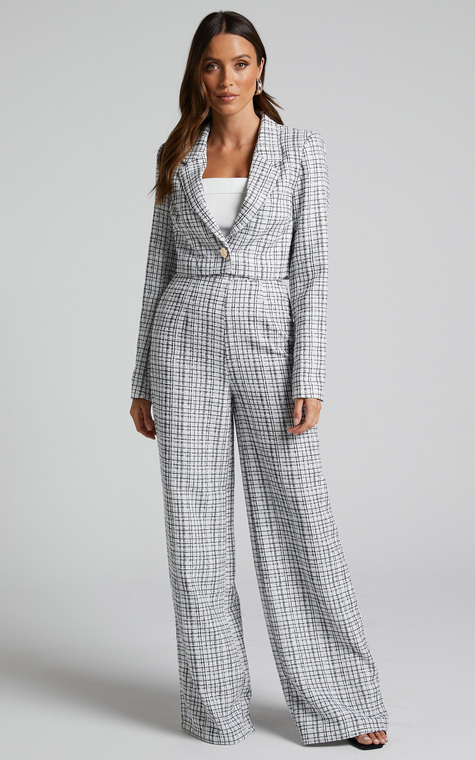 Icie Pants - High Waisted Tweed Wide Leg Pants in White & Black Product Image