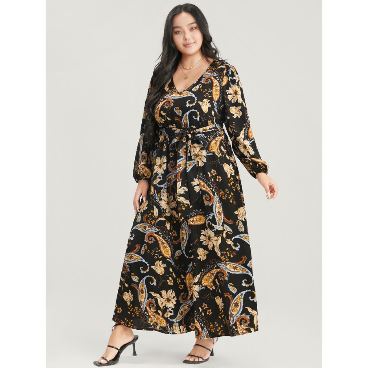 Plus Size Floral Pocket Lantern Sleeve V Neck Belted Maxi Dress Black Women Elegant Belted V-neck Long Sleeve Curvy Long Dress BloomChic 18-20/2X Product Image
