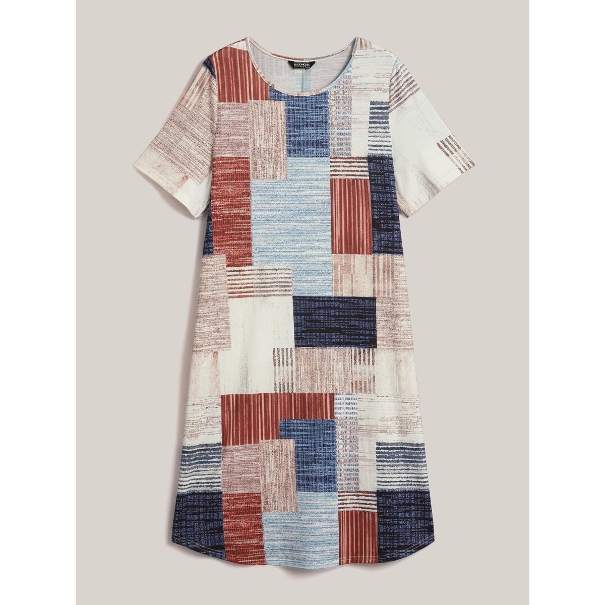 Plus Size Abstract Print Round Neck Flared Midi Dress Multicolor Women Casual Non Knit Dresses Bloomchic 14-16/1X Product Image