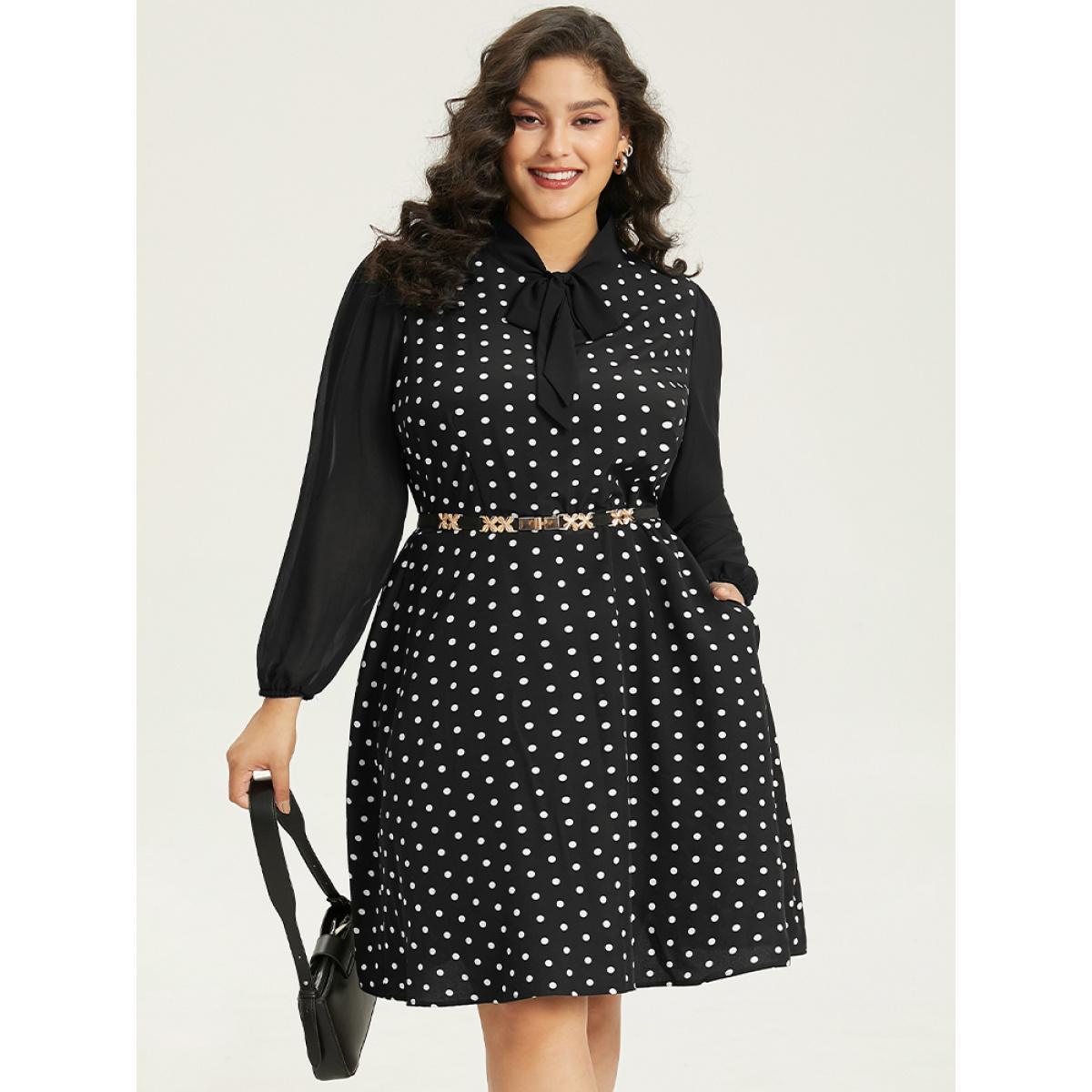 Plus Size Polka Dot Patchwork Knot Lantern Sleeve Dress Black Women Office Elastic cuffs Tie Neck Long Sleeve Curvy Midi Dress BloomChic 28/5X Product Image